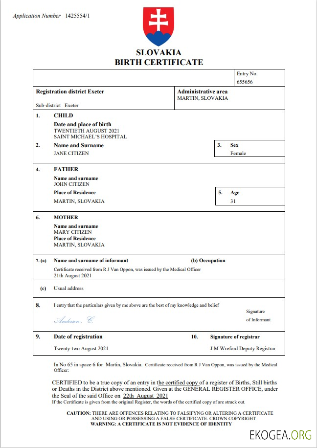 Modèle Word et PDF d'acte de naissance en Slovaquie